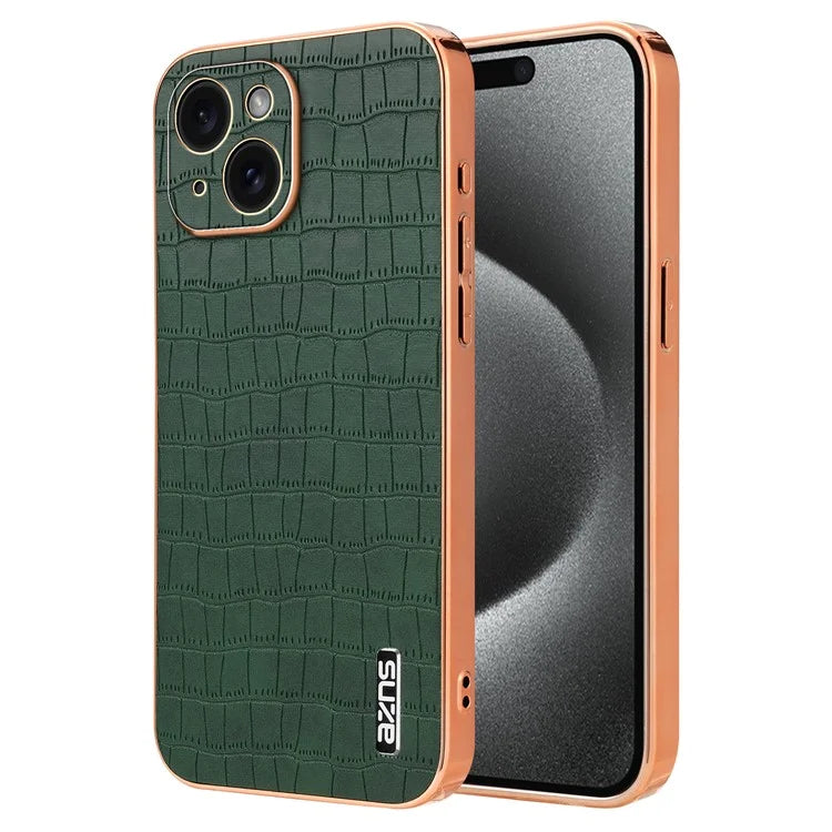 AZNS For iPhone 15 Plus Case Electroplating Frame Leather Back Cover Crocodile Pattern