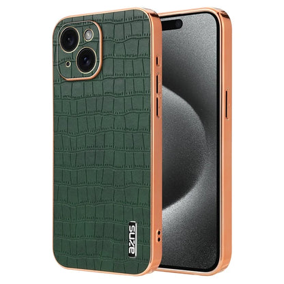 AZNS For iPhone 15 Plus Case Electroplating Frame Leather Back Cover Crocodile Pattern