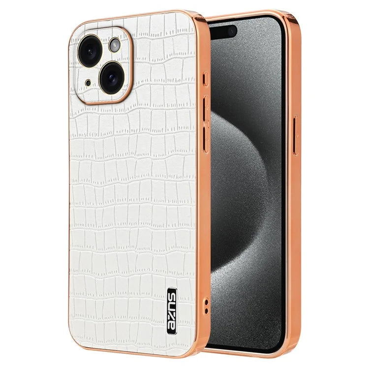AZNS For iPhone 15 Plus Case Electroplating Frame Leather Back Cover Crocodile Pattern