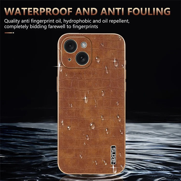 AZNS For iPhone 15 Plus Case Electroplating Frame Leather Back Cover Crocodile Pattern