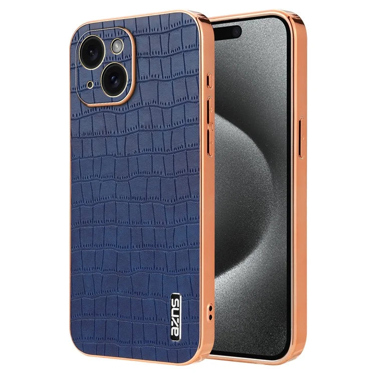 AZNS For iPhone 15 Plus Case Electroplating Frame Leather Back Cover Crocodile Pattern