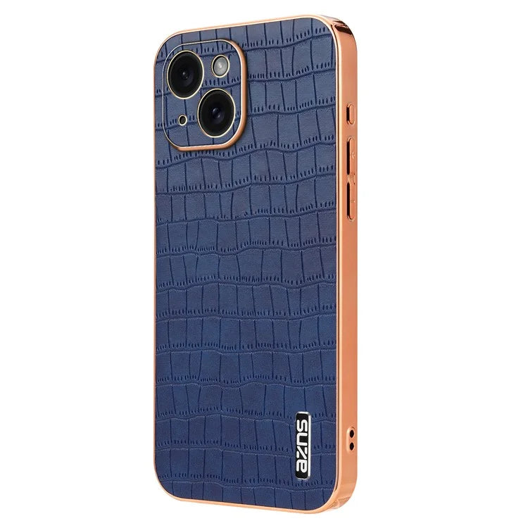 AZNS For iPhone 15 Plus Case Electroplating Frame Leather Back Cover Crocodile Pattern