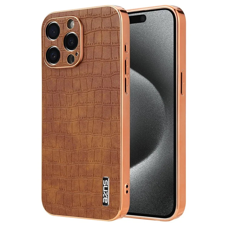 AZNS For iPhone 15 Pro Case Crocodile Texture Leather+TPU Phone Cover Electroplating Edge