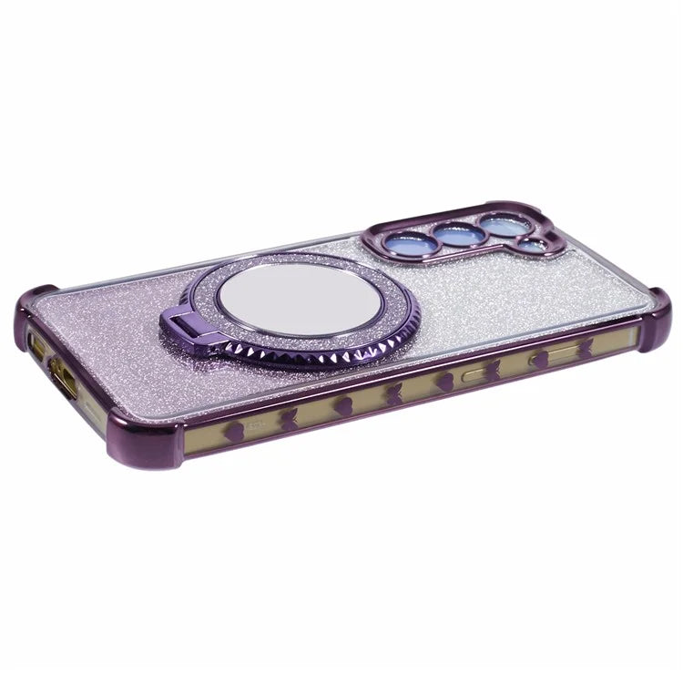 For Samsung Galaxy S22+ 5G Case TPU Glitter Phone Cover with Kickstand and Mirror