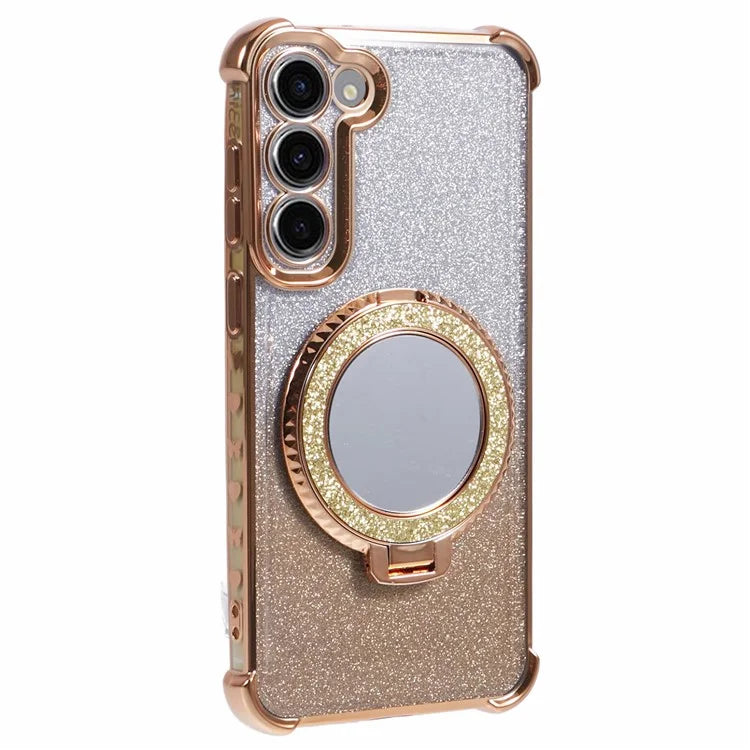 For Samsung Galaxy S22+ 5G Case TPU Glitter Phone Cover with Kickstand and Mirror