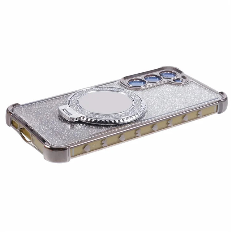 For Samsung Galaxy S22+ 5G Case TPU Glitter Phone Cover with Kickstand and Mirror