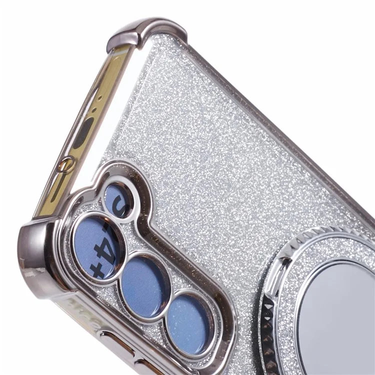 For Samsung Galaxy S22+ 5G Case TPU Glitter Phone Cover with Kickstand and Mirror