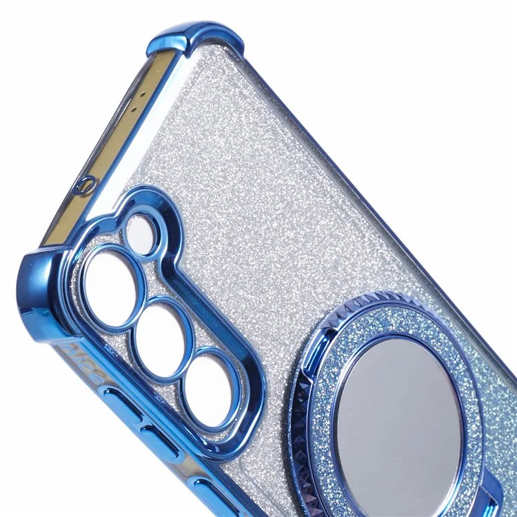 For Samsung Galaxy S22+ 5G Case TPU Glitter Phone Cover with Kickstand and Mirror