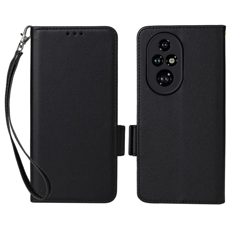 For Honor 200 Pro 5G Case Litchi Texture Horizontal Flip Leather Phone Cover with Wrist Strap