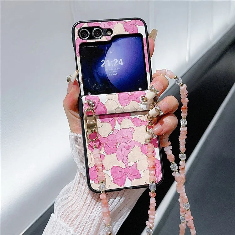 For Samsung Galaxy Z Flip5 5G Case PU Leather Coated PC Phone Cover with Jade Stones Crossbody Strap