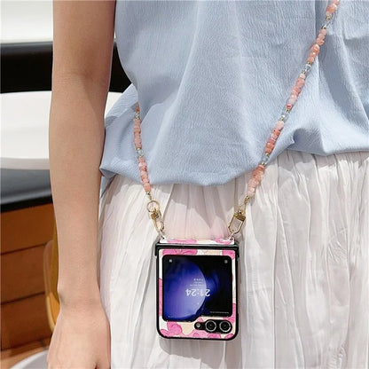 For Samsung Galaxy Z Flip5 5G Case PU Leather Coated PC Phone Cover with Jade Stones Crossbody Strap