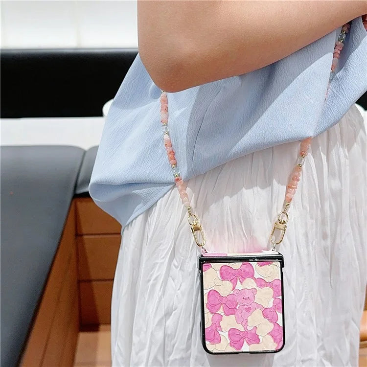 For Samsung Galaxy Z Flip5 5G Case PU Leather Coated PC Phone Cover with Jade Stones Crossbody Strap