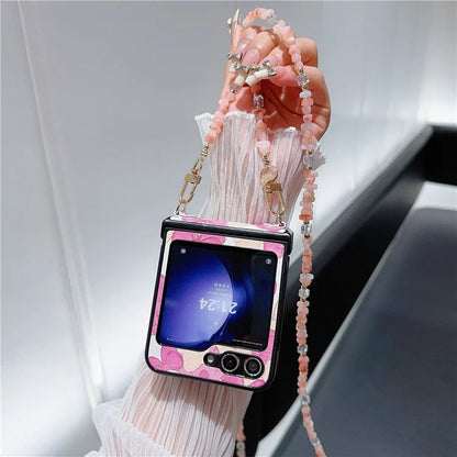For Samsung Galaxy Z Flip5 5G Case PU Leather Coated PC Phone Cover with Jade Stones Crossbody Strap