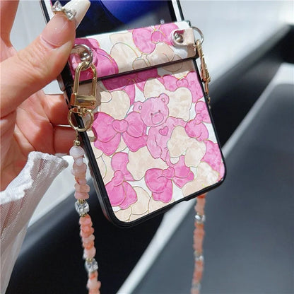 For Samsung Galaxy Z Flip5 5G Case PU Leather Coated PC Phone Cover with Jade Stones Crossbody Strap