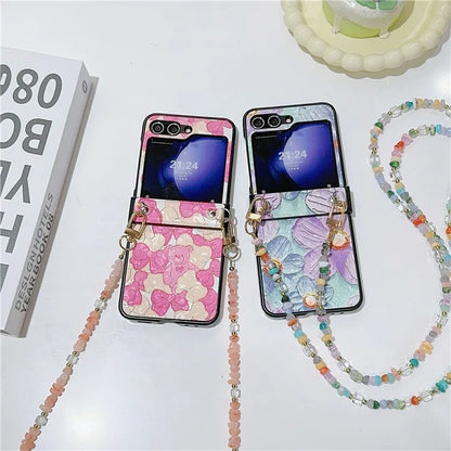 For Samsung Galaxy Z Flip5 5G Case PU Leather Coated PC Phone Cover with Jade Stones Crossbody Strap