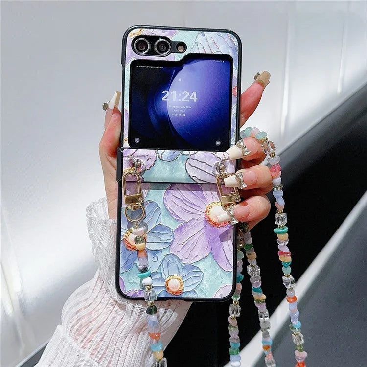 For Samsung Galaxy Z Flip5 5G Case PU Leather Coated PC Phone Cover with Jade Stones Crossbody Strap