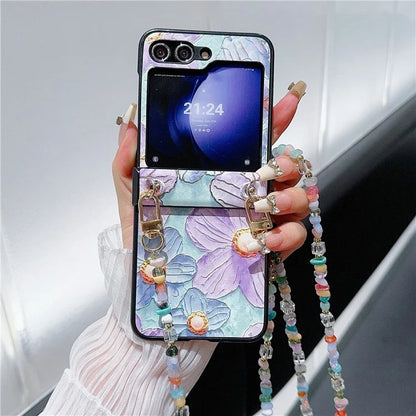 For Samsung Galaxy Z Flip5 5G Case PU Leather Coated PC Phone Cover with Jade Stones Crossbody Strap