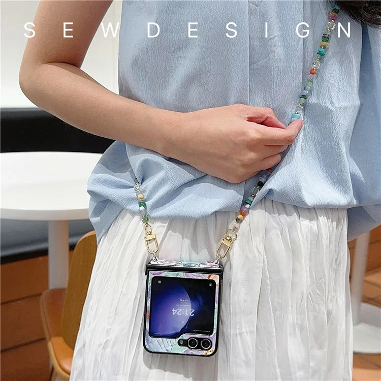 For Samsung Galaxy Z Flip5 5G Case PU Leather Coated PC Phone Cover with Jade Stones Crossbody Strap