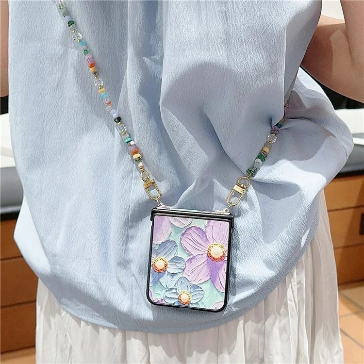 For Samsung Galaxy Z Flip5 5G Case PU Leather Coated PC Phone Cover with Jade Stones Crossbody Strap