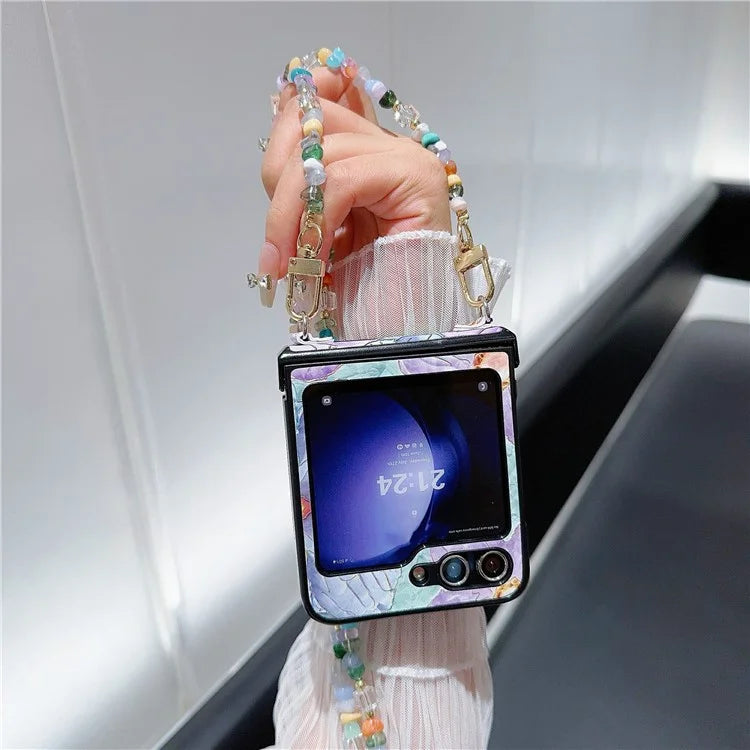 For Samsung Galaxy Z Flip5 5G Case PU Leather Coated PC Phone Cover with Jade Stones Crossbody Strap