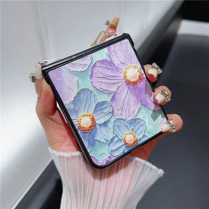For Samsung Galaxy Z Flip5 5G Case PU Leather Coated PC Phone Cover with Jade Stones Crossbody Strap