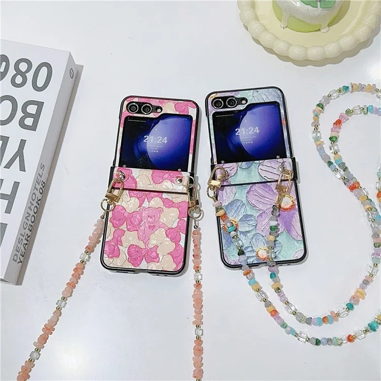 For Samsung Galaxy Z Flip5 5G Case PU Leather Coated PC Phone Cover with Jade Stones Crossbody Strap