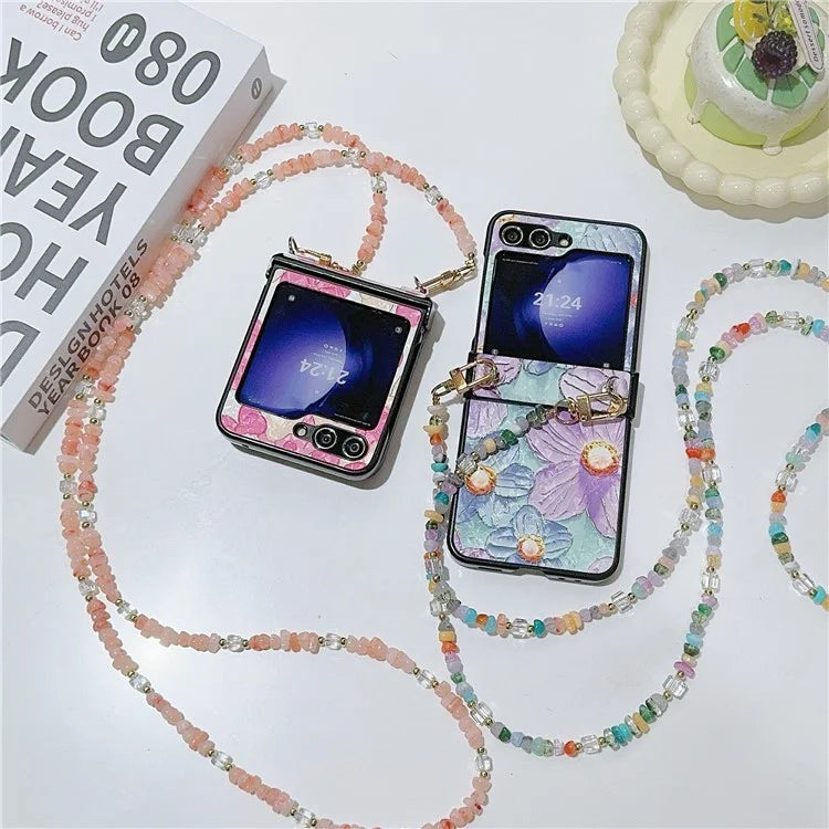 For Samsung Galaxy Z Flip5 5G Case PU Leather Coated PC Phone Cover with Jade Stones Crossbody Strap