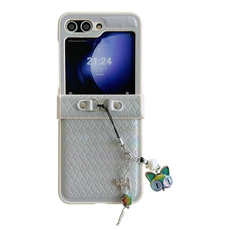 For Samsung Galaxy Z Flip5 5G Laser Rhombus Imprinted Phone Case PC+PU Leather Cover with Cat Head Pendant