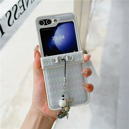 For Samsung Galaxy Z Flip5 5G Laser Rhombus Imprinted Phone Case PC+PU Leather Cover with Cat Head Pendant