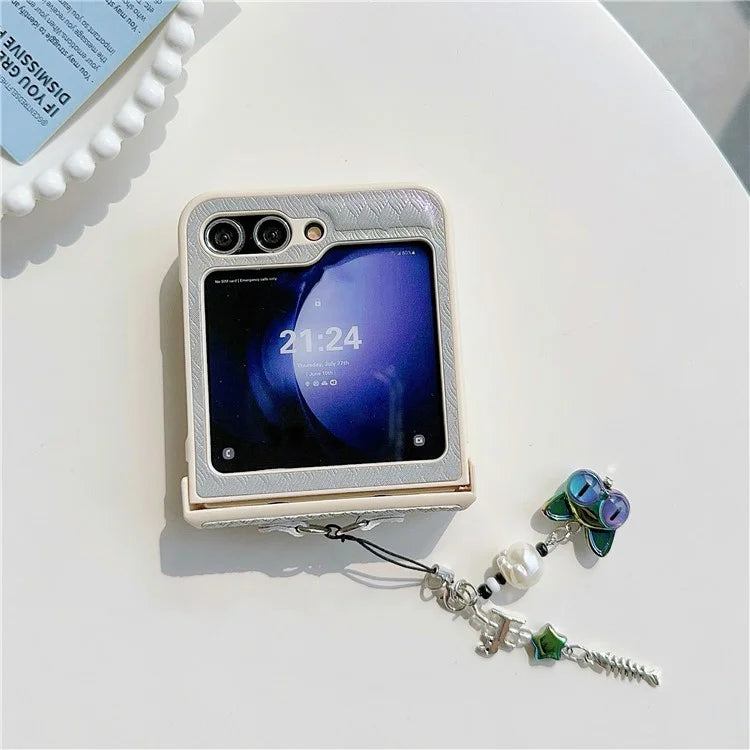 For Samsung Galaxy Z Flip5 5G Laser Rhombus Imprinted Phone Case PC+PU Leather Cover with Cat Head Pendant