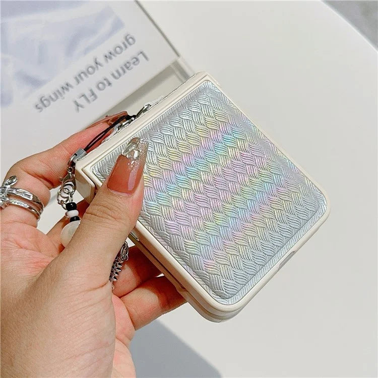 For Samsung Galaxy Z Flip5 5G Laser Rhombus Imprinted Phone Case PC+PU Leather Cover with Cat Head Pendant