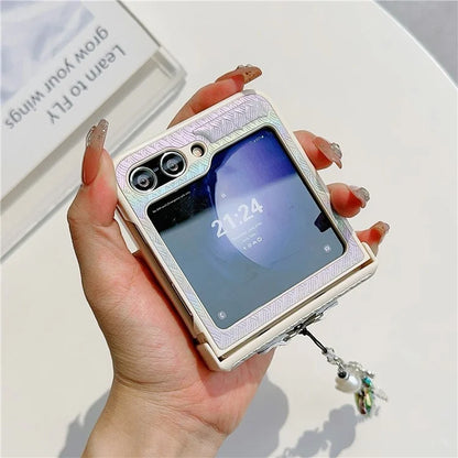 For Samsung Galaxy Z Flip5 5G Laser Rhombus Imprinted Phone Case PC+PU Leather Cover with Cat Head Pendant