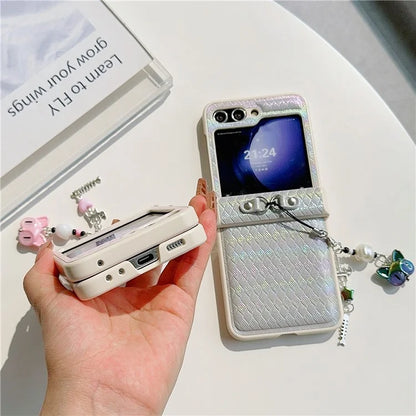 For Samsung Galaxy Z Flip5 5G Laser Rhombus Imprinted Phone Case PC+PU Leather Cover with Cat Head Pendant