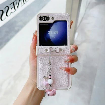For Samsung Galaxy Z Flip5 5G Laser Rhombus Imprinted Phone Case PC+PU Leather Cover with Cat Head Pendant
