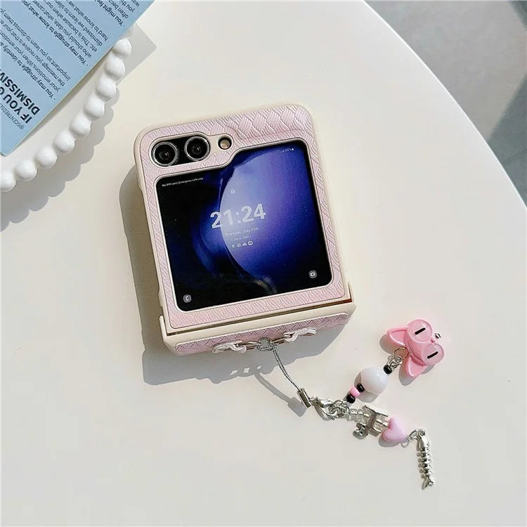 For Samsung Galaxy Z Flip5 5G Laser Rhombus Imprinted Phone Case PC+PU Leather Cover with Cat Head Pendant