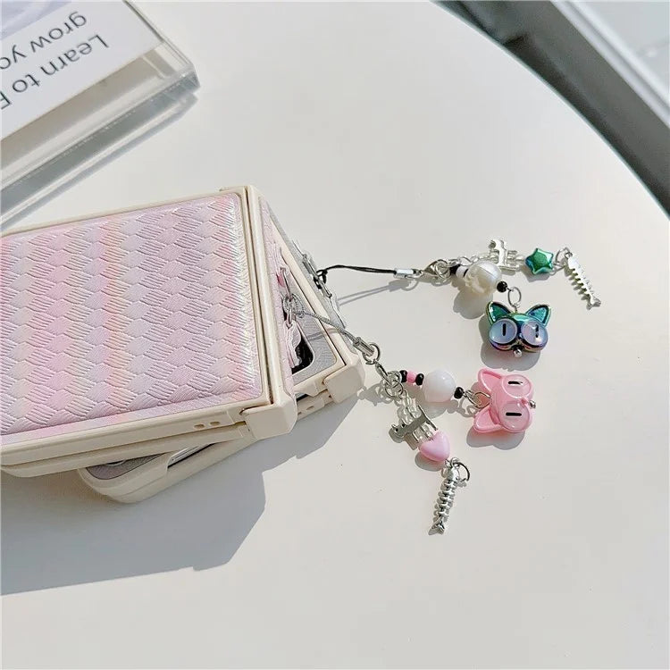 For Samsung Galaxy Z Flip5 5G Laser Rhombus Imprinted Phone Case PC+PU Leather Cover with Cat Head Pendant