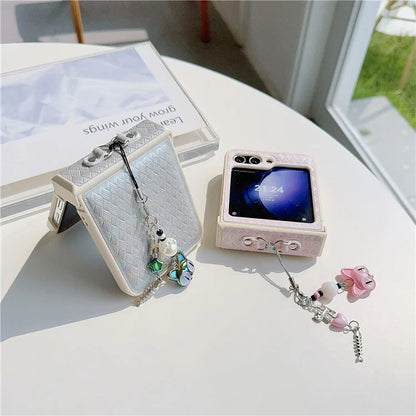 For Samsung Galaxy Z Flip5 5G Laser Rhombus Imprinted Phone Case PC+PU Leather Cover with Cat Head Pendant