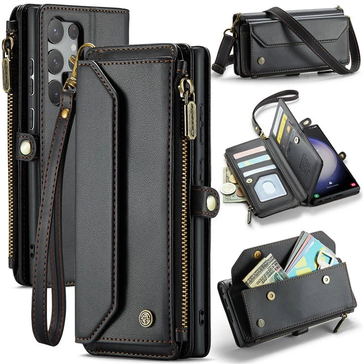 CASEME C36 Series For Samsung Galaxy S23 Ultra Case Zipper Flip Leather Phone Cover with 10 Card Slots