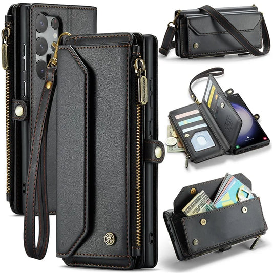 CASEME C36 Series For Samsung Galaxy S23 Ultra Case Zipper Flip Leather Phone Cover with 10 Card Slots
