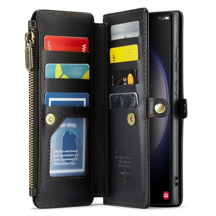 CASEME C36 Series For Samsung Galaxy S23 Ultra Case Zipper Flip Leather Phone Cover with 10 Card Slots