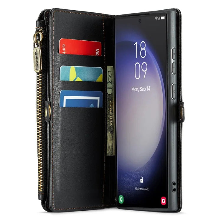 CASEME C36 Series For Samsung Galaxy S23 Ultra Case Zipper Flip Leather Phone Cover with 10 Card Slots
