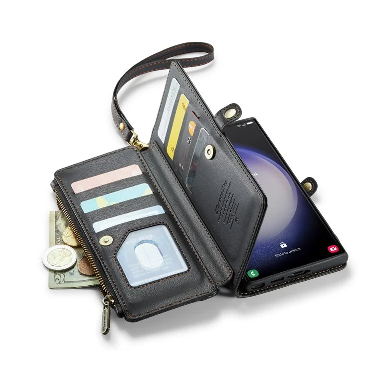 CASEME C36 Series For Samsung Galaxy S23 Ultra Case Zipper Flip Leather Phone Cover with 10 Card Slots