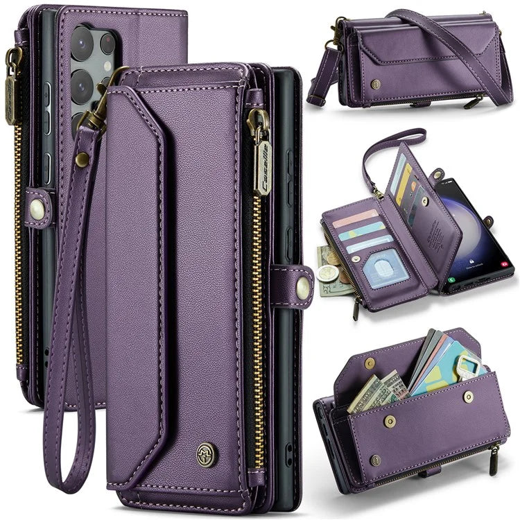 CASEME C36 Series For Samsung Galaxy S23 Ultra Case Zipper Flip Leather Phone Cover with 10 Card Slots