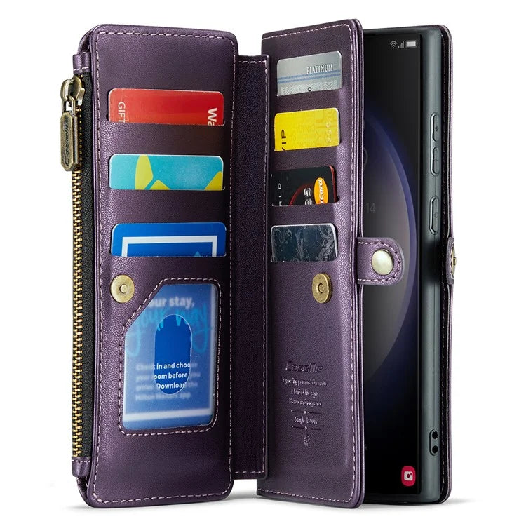 CASEME C36 Series For Samsung Galaxy S23 Ultra Case Zipper Flip Leather Phone Cover with 10 Card Slots