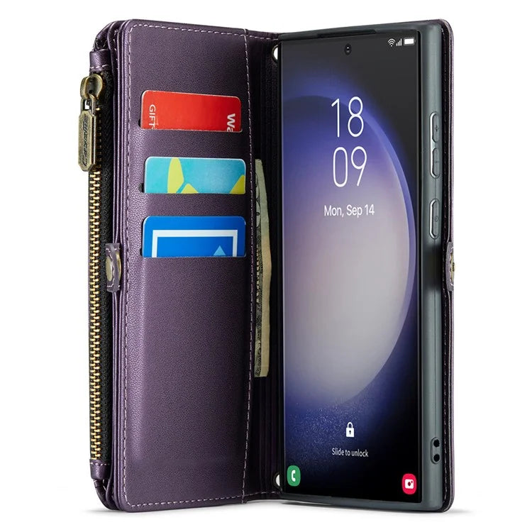 CASEME C36 Series For Samsung Galaxy S23 Ultra Case Zipper Flip Leather Phone Cover with 10 Card Slots