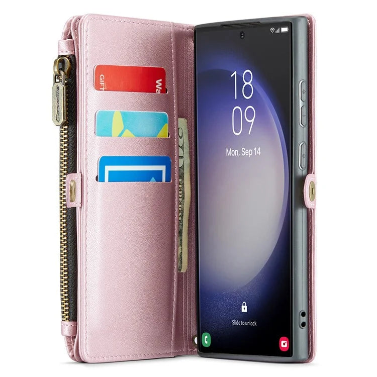CASEME C36 Series For Samsung Galaxy S23 Ultra Case Zipper Flip Leather Phone Cover with 10 Card Slots