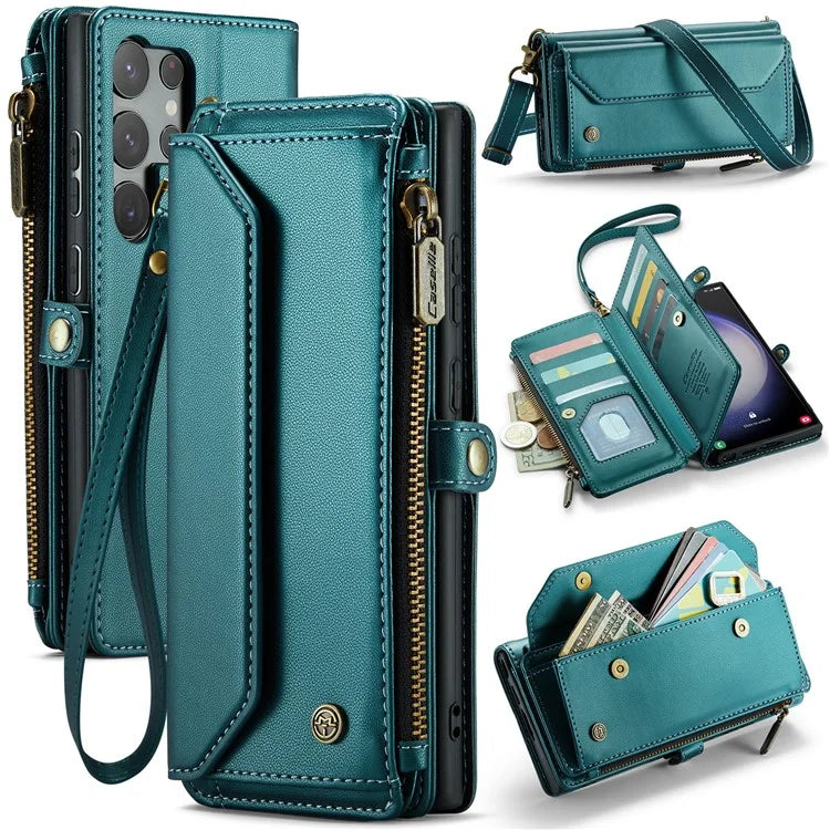 CASEME C36 Series For Samsung Galaxy S23 Ultra Case Zipper Flip Leather Phone Cover with 10 Card Slots