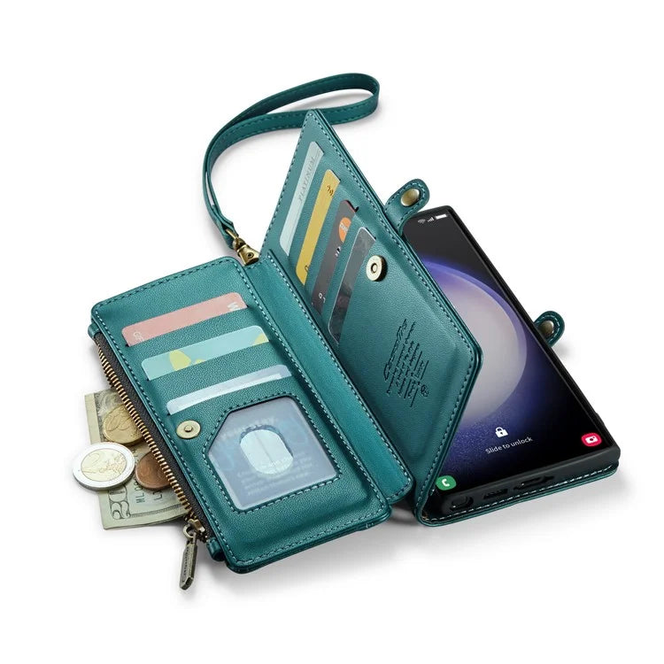 CASEME C36 Series For Samsung Galaxy S23 Ultra Case Zipper Flip Leather Phone Cover with 10 Card Slots