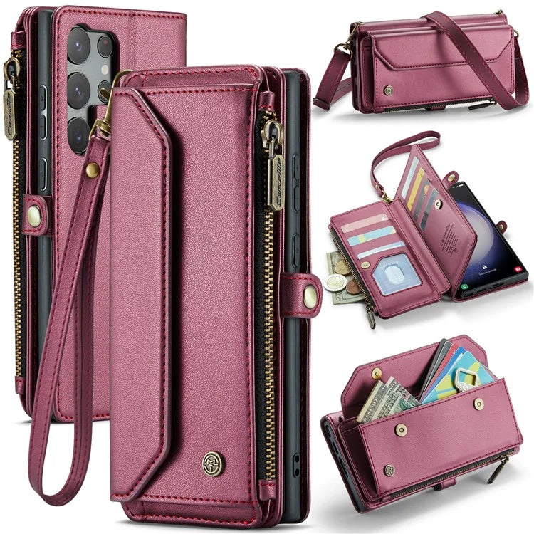 CASEME C36 Series For Samsung Galaxy S23 Ultra Case Zipper Flip Leather Phone Cover with 10 Card Slots