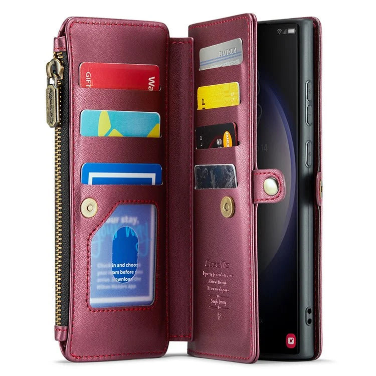 CASEME C36 Series For Samsung Galaxy S23 Ultra Case Zipper Flip Leather Phone Cover with 10 Card Slots